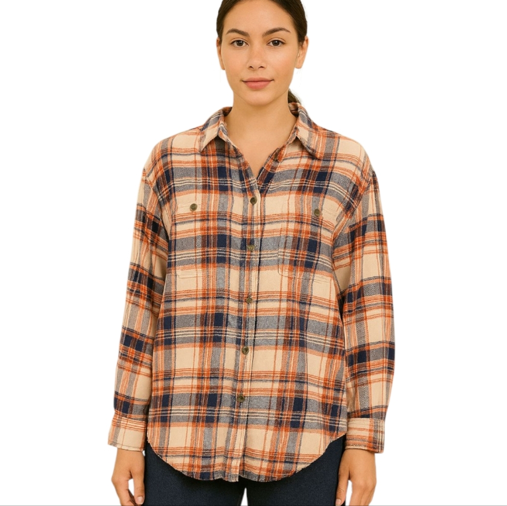AEO 100% Cotton Western/Country Insp. Plaid Button-Up Shirt Size medium